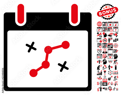 Path Points Calendar Day pictograph with bonus calendar and time management pictures. Vector illustration style is flat iconic symbols, intensive red and black, white background.