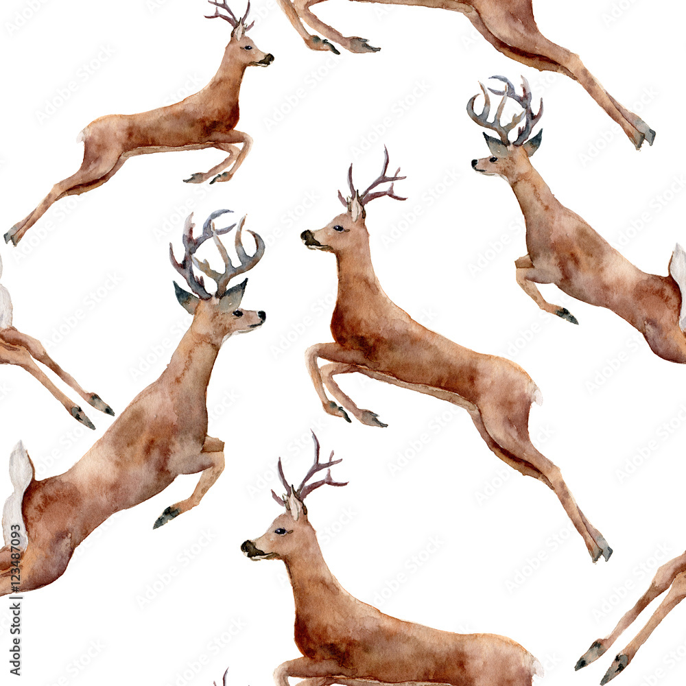 Obraz Watercolor running deers seamless pattern. Christmas wild animal illustration isolated on white background for design, print or background