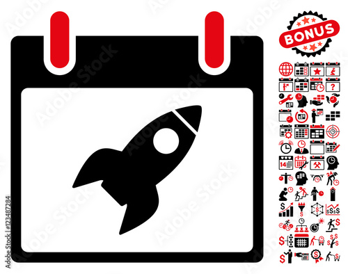 Rocket Calendar Day pictograph with bonus calendar and time management images. Vector illustration style is flat iconic symbols, intensive red and black, white background.