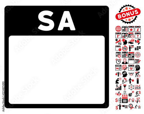 Saturday Calendar Page pictograph with bonus calendar and time management pictograms. Vector illustration style is flat iconic symbols, intensive red and black, white background.