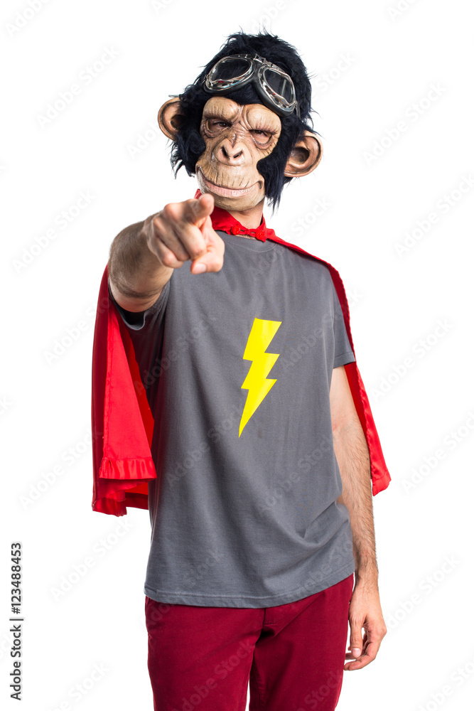 Superhero monkey man pointing to the front Superhero monkey man pointing to the front