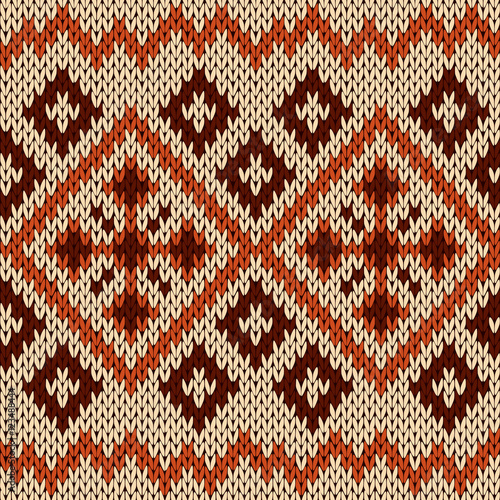 Knitting seamless pattern in orange, beige and brown hues