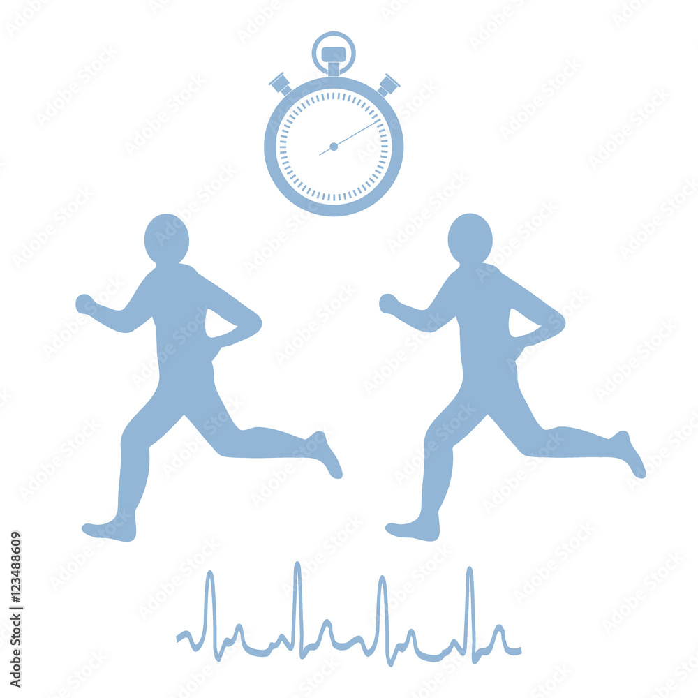 Stylized icon of the two runners with a stopwatch and heart rhyt