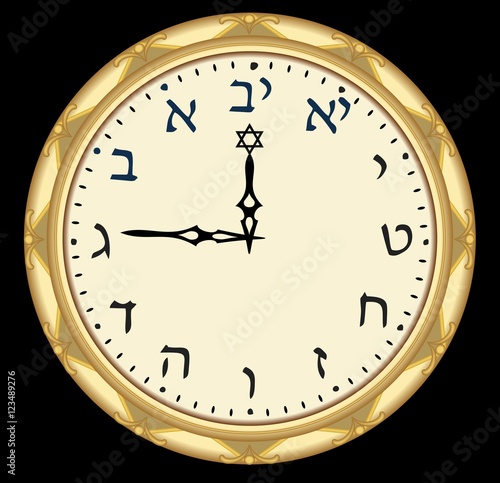 Golden hebrew clock with hebrew alefbet characters on clock face.