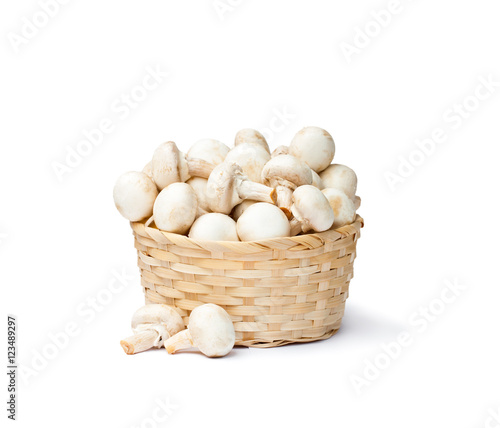 heap  of fresh mushroom champignons in a basket isolated on whit
