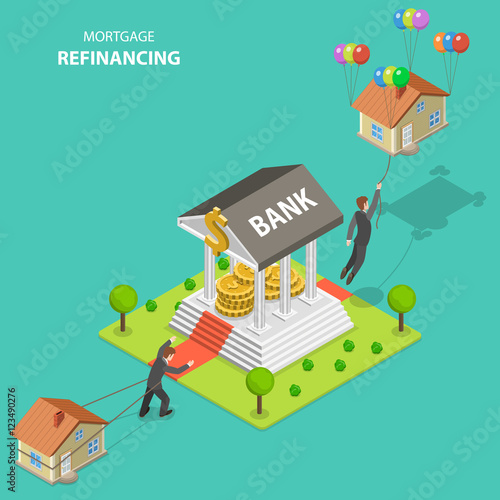 Mortgage refinancing isometric flat vector illustration. A man drags his house alone toward to the bank. After bank visit he flies out because the house is not heavy anymore.