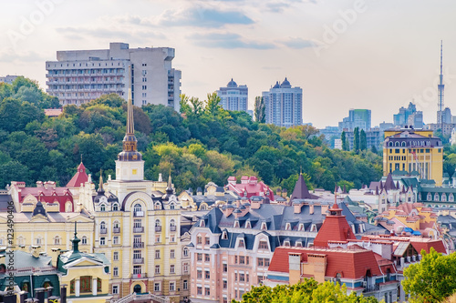 Views of modern and ancient buildings from the Castle hill or Zamkova Hora in Kiev, Ukraine. Castle hill is a historical landmark in the center of the city.