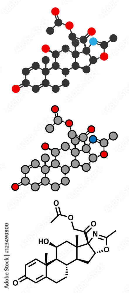 Deflazacort glucocorticoid drug molecule. Stylized 2D renderings and ...