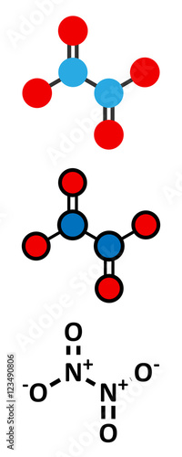 Nitrogen tetroxide (dinitrogen tetroxide, N2O4) rocket propellant molecule. Stylized 2D renderings and conventional skeletal formula.