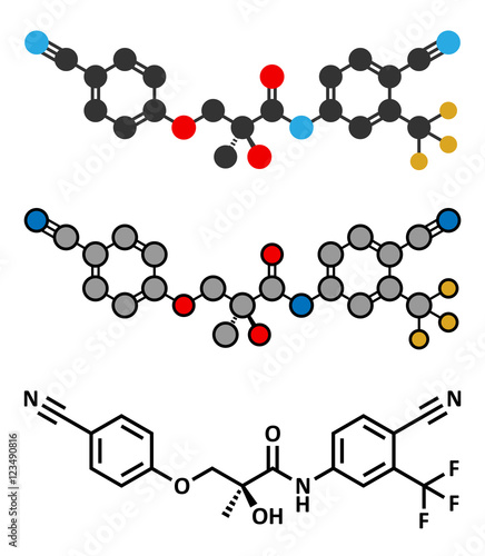 Enobosarm drug molecule. Stylized 2D renderings and conventional skeletal formula. Selective androgen receptor modulator (SARM) that is also used in sports doping.