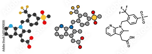 Fevipiprant asthma drug molecule. Stylized 2D renderings and conventional skeletal formula.