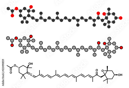 Fucoxanthin brown algae pigment molecule. Stylized 2D renderings and conventional skeletal formula. Ingredient of some dietary supplements.