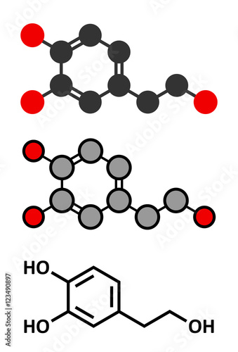 Hydroxytyrosol olive oil antioxidant molecule. Stylized 2D renderings and conventional skeletal formula.