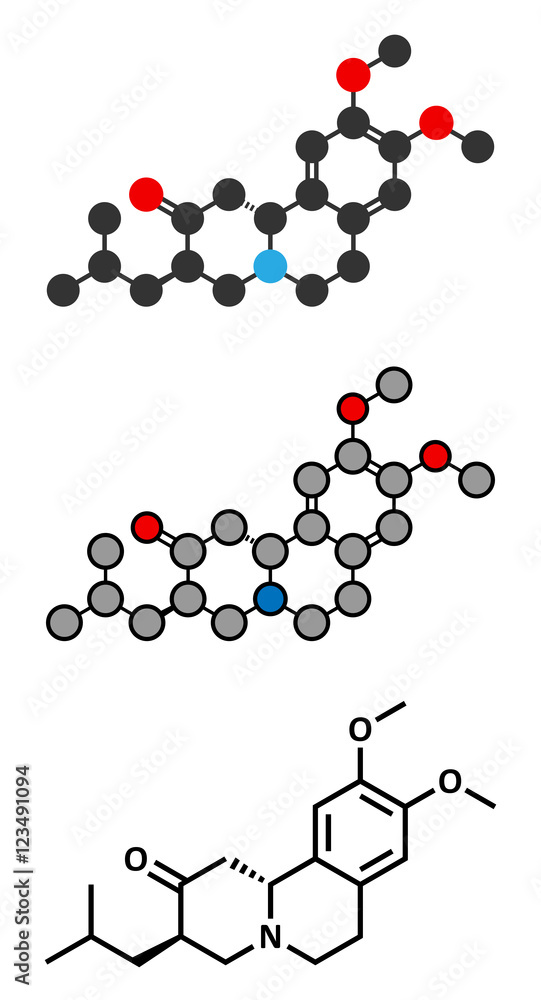 Tetrabenazine hyperkinetic disorder drug molecule. Stylized 2D renderings and conventional skeletal formula.