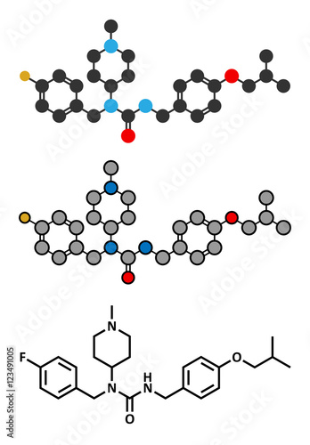 Pimavanserin atypical antipsychotic drug molecule. Stylized 2D renderings and conventional skeletal formula.
