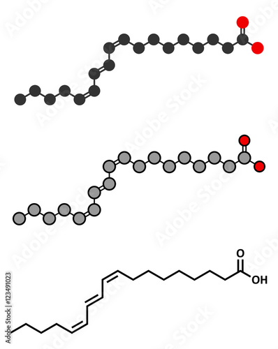 Punicic acid (trichosanic acid) molecule. Stylized 2D renderings and conventional skeletal formula. Fatty acid present in pomegranate (Punica granatum).