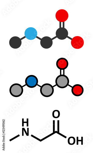 Sarcosine (N-methylglycine) molecule. Stylized 2D renderings and conventional skeletal formula. photo