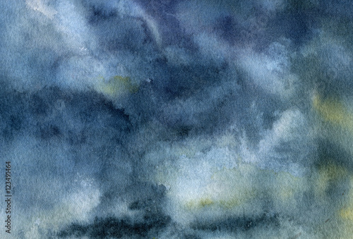 Watercolor sky with clouds background. Hand painted artistic blu