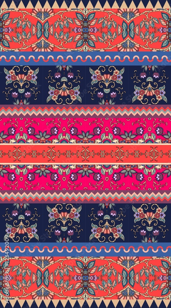 Seamless geometric and floral ethnic pattern. Bright colored structure. Vector image.