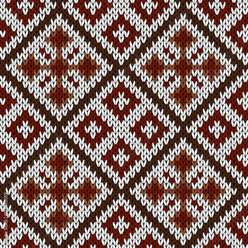 Knitting ornate seamless pattern in white, red and brown hues
