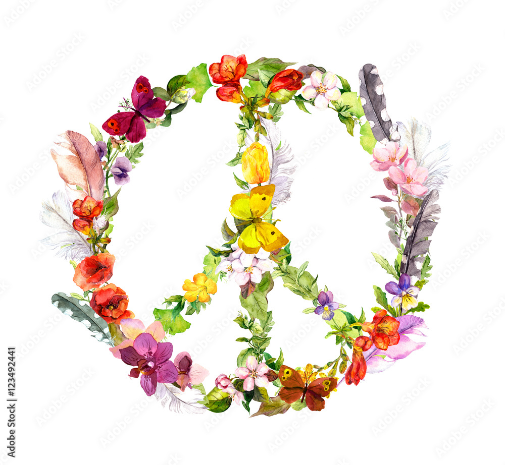 Peace sign - flowers and feathers in boho style. Watercolor