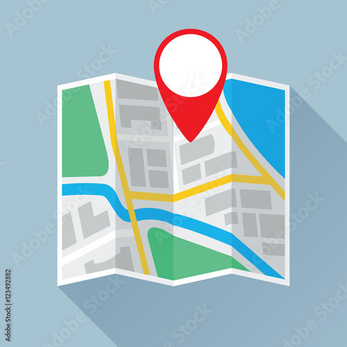 Folding paper city map with location mark. Colored flat icon. Vector eps8 illustration.