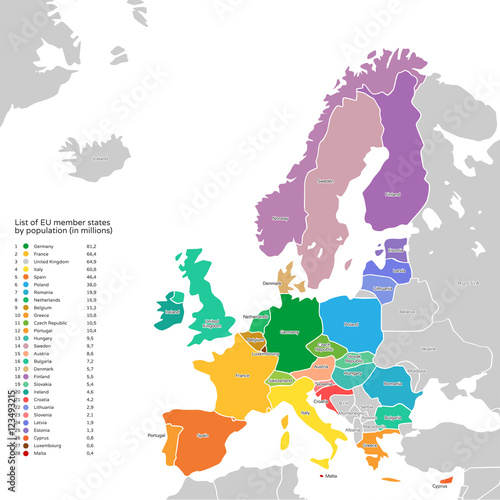 European Union with population infographics. Simplified vector map with all Europe countries in different colors.
