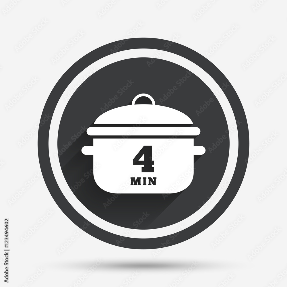Boil 4 minutes. Cooking pan sign icon. Stew food. Boil 4 minutes. Cooking pan sign icon. Stew food.