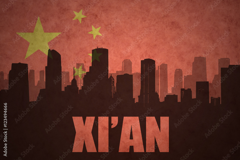 abstract silhouette of the city with text Xi'an at the vintage chinese flag background