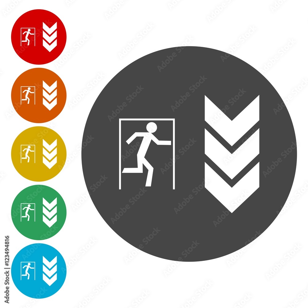 Emergency exit with arrow sign. Icons in circles. Human running symbol Emergency exit with arrow sign. Icons in circles. Human running symbol