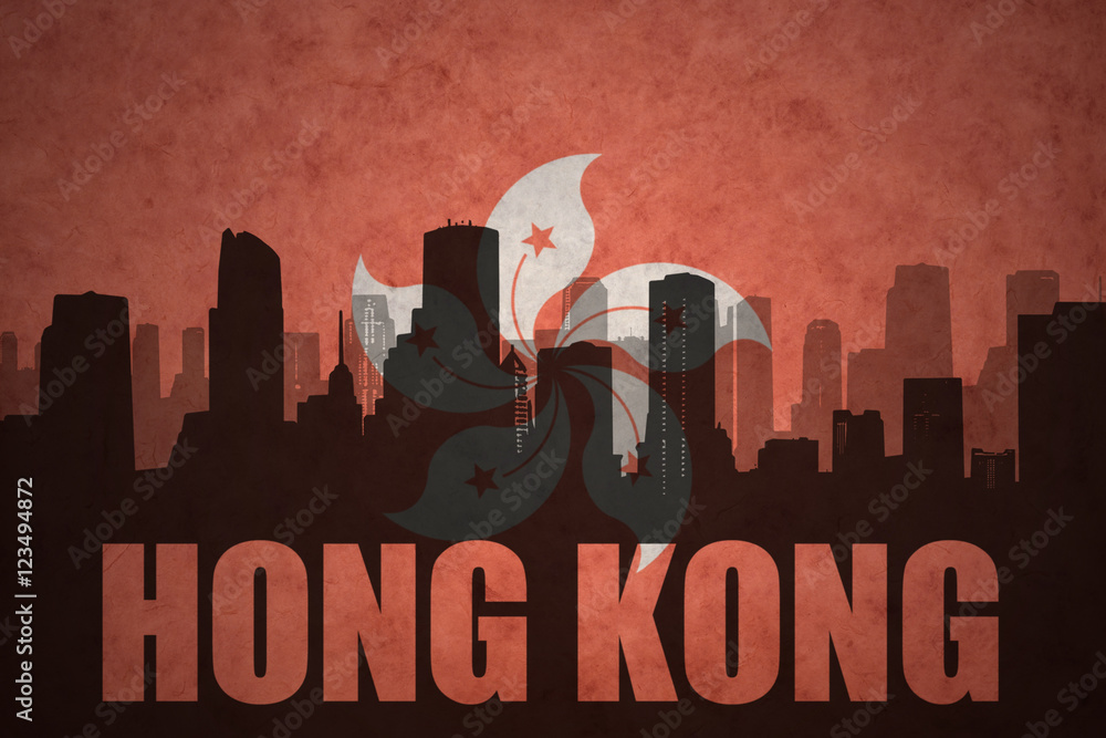 abstract silhouette of the city with text Hong Kong at the vintage hong kong flag background