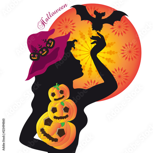 Witch Silhouette with Pumpkins and Bats