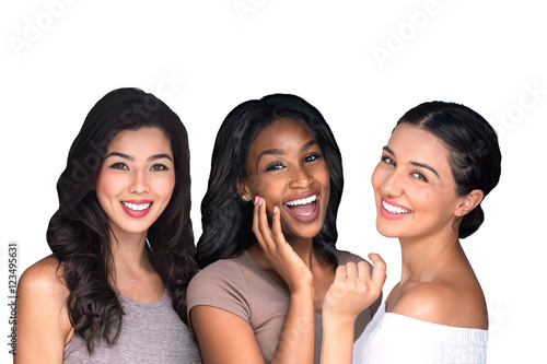 Group beautiful women people multiple ethnicity perfect smile white teeth lips skin white background