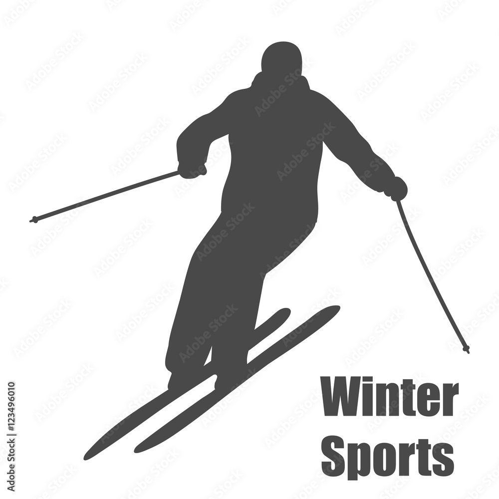 Skier silhouette isolated on white background. Vector illustration. 