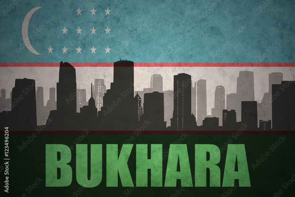 abstract silhouette of the city with text Bukhara at the vintage uzbekistan flag background