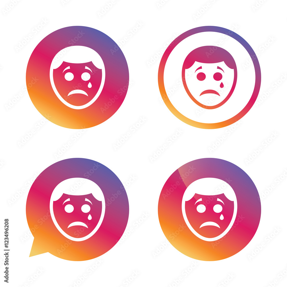 Sad face with tear sign icon. Crying symbol. Sad face with tear sign icon. Crying symbol.