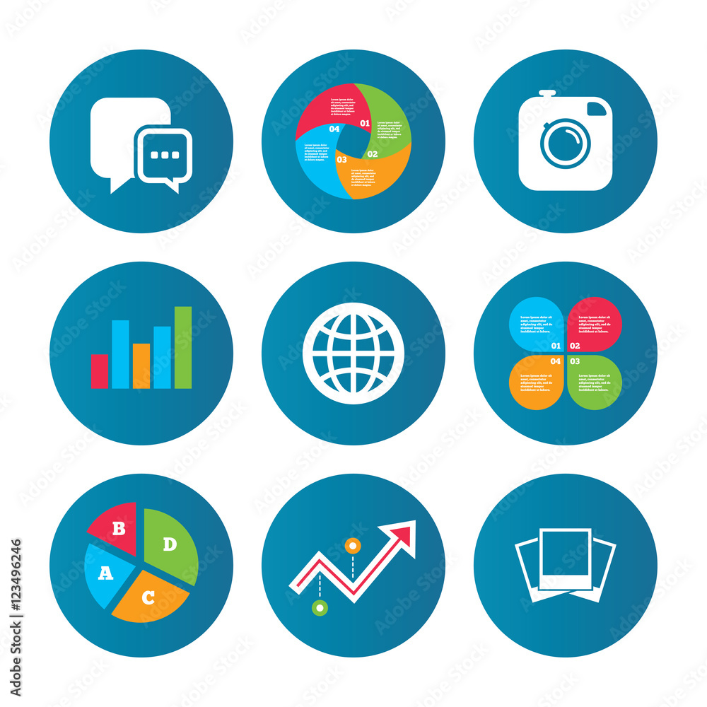 Social media icons. Chat speech bubble and Globe. Social media icons. Chat speech bubble and Globe.