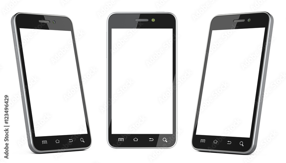 Black smartphone with blank screen left, right and front view. Black smartphone with blank screen left, right and front view.