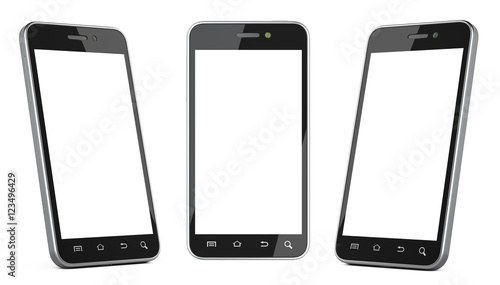 Black smartphone with blank screen left, right and front view.