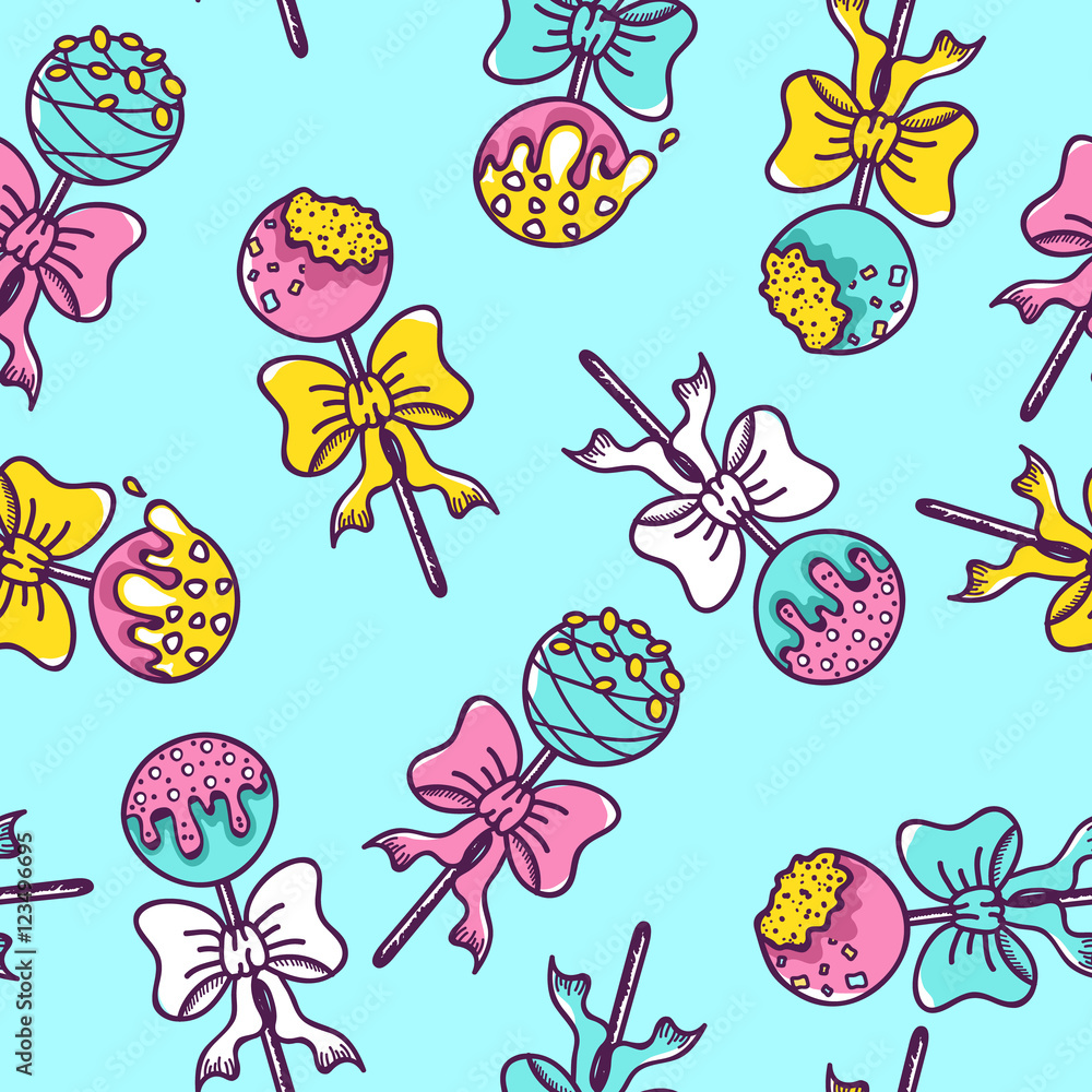 Seamless Pattern of Colorful Cake Pops on Blue Background. Seamless Pattern of Colorful Cake Pops on Blue Background.
