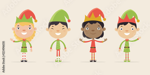 Cute Little Children Dressed as Santa Elves. Flat Design Style. 