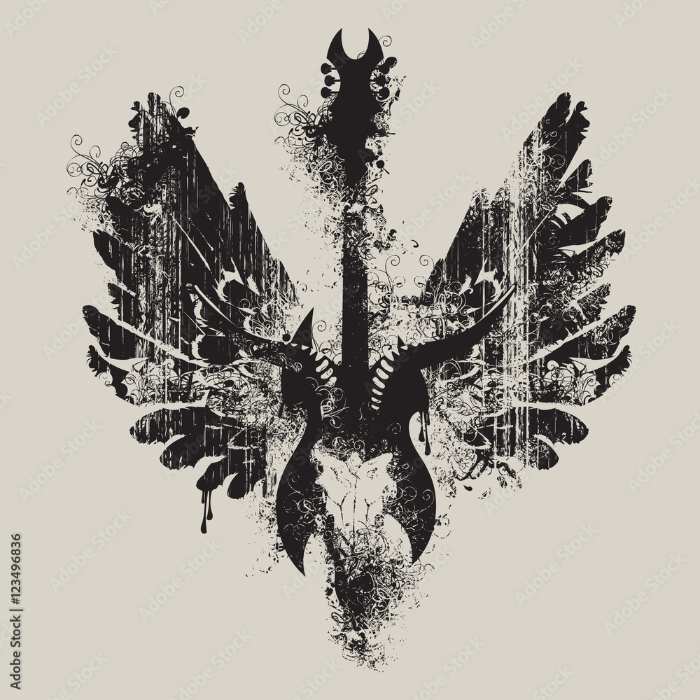vector illustration with an electric guitar and skull of goat and wings ...