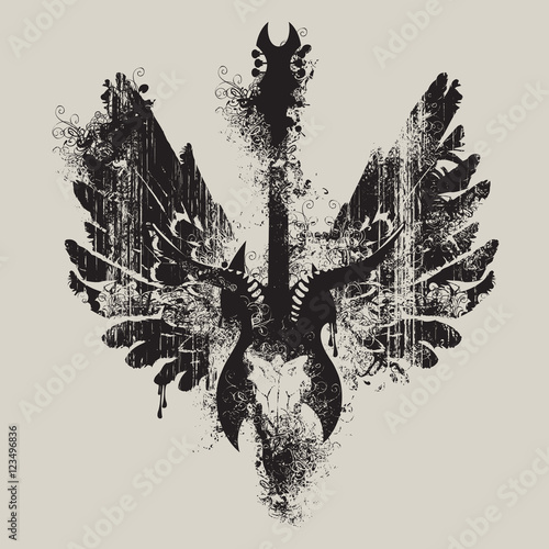 vector illustration with an electric guitar and skull of goat and wings with splashes and curls