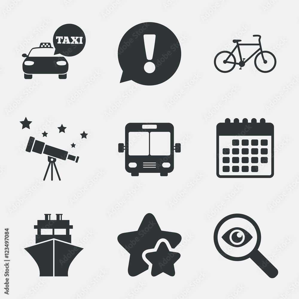 Transport icons. Taxi car, Bicycle, Bus and Ship. Transport icons. Taxi car, Bicycle, Bus and Ship.