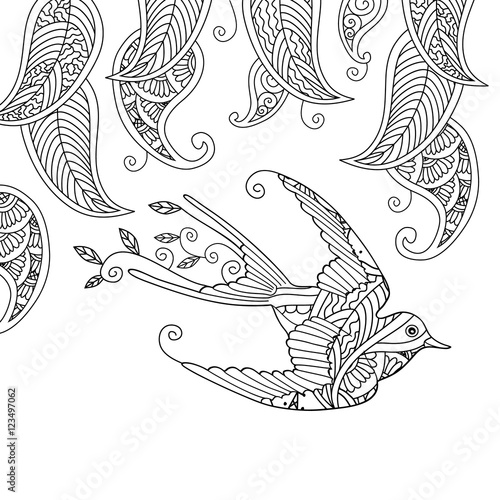 Coloring page with beautiful flying bird and willow leafs