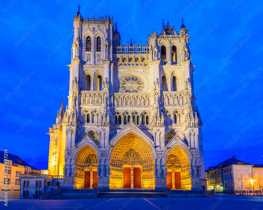 Notre-Dame of Amiens Cathedral. Vast, 13th-century Gothic edifice, famous for lavish decoration & carvings, with 2 unequal towers.