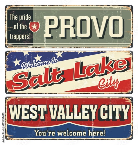 Vintage tin sign collection with USA cities. Salt Lake. Provo. West Valley City.Retro souvenirs or postcard templates on rust background.