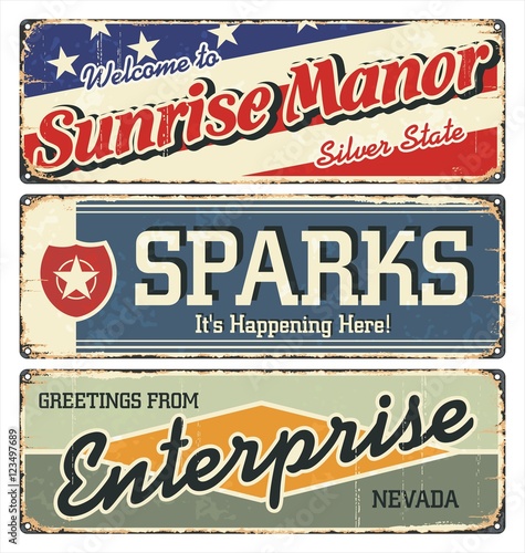 Vintage tin sign collection with USA cities. Sunrise. Sparks. Enterprise. Retro souvenirs or postcard templates on rust background.