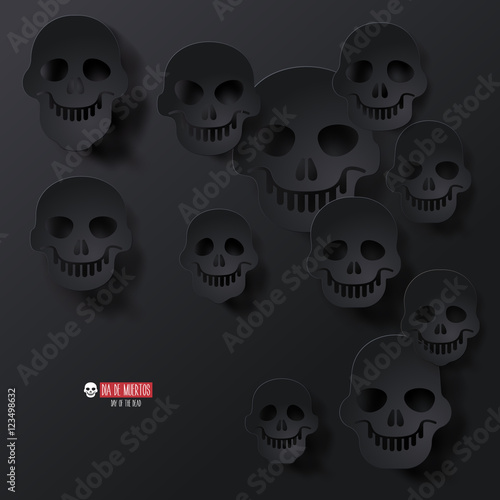 Fototapeta Naklejka Na Ścianę i Meble -  Vector 3d paper greeting card for Mexican holiday Dia de Muertos, Lettering in Espanol translate Day of the Dead. Black on black background. Gradient mesh shadows.
