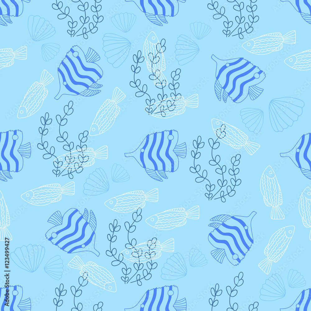 Seamless pattern with fish and algae.